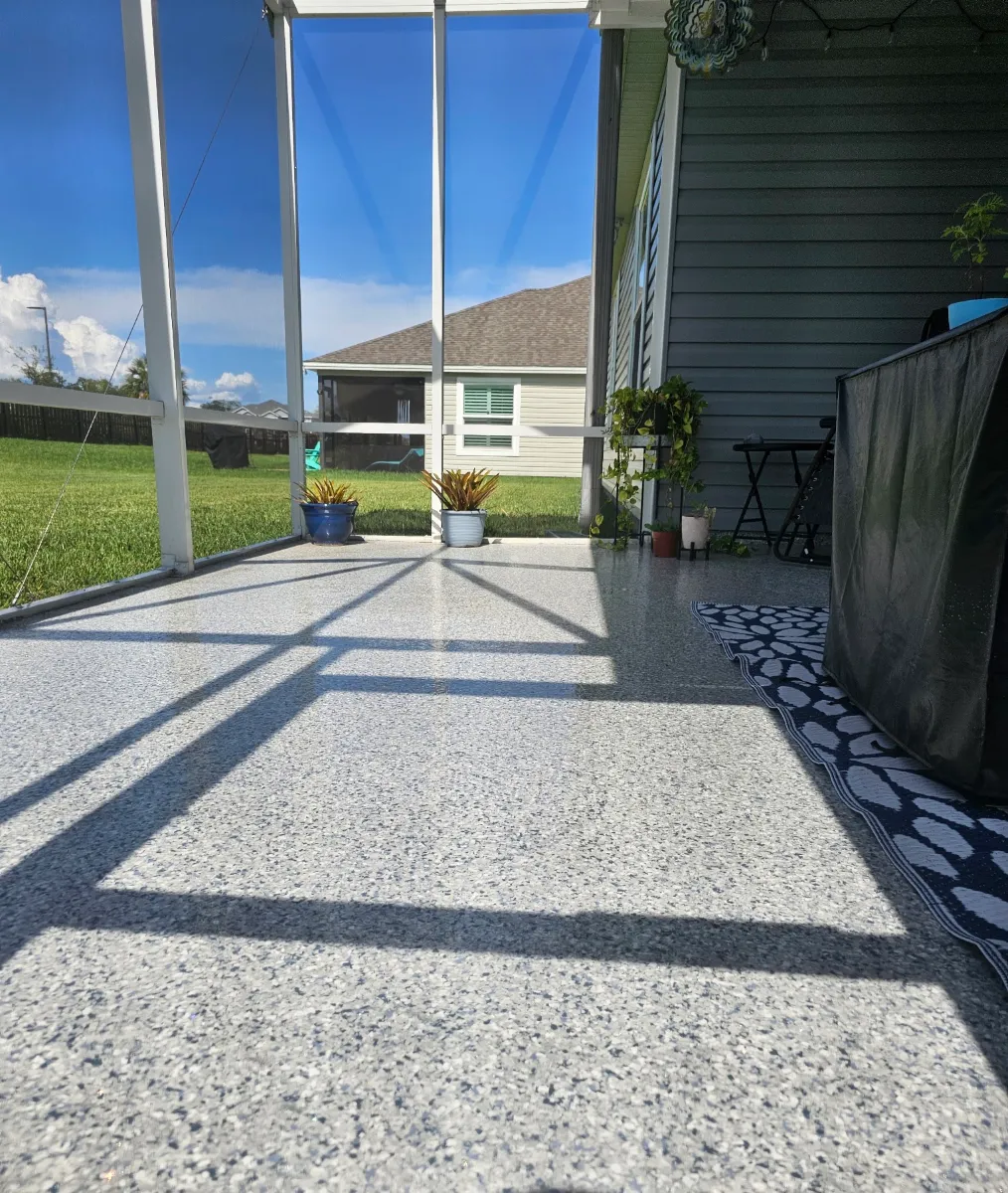 UV-protected decorative epoxy coating on an outdoor patio floor